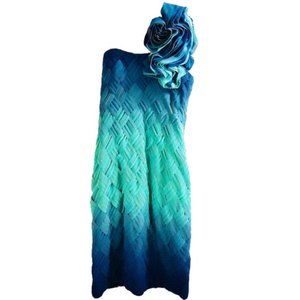 NWT Mikael Aghal Ombré Rosette-Embellished Woven Dress, Aqua/Blue Size 4